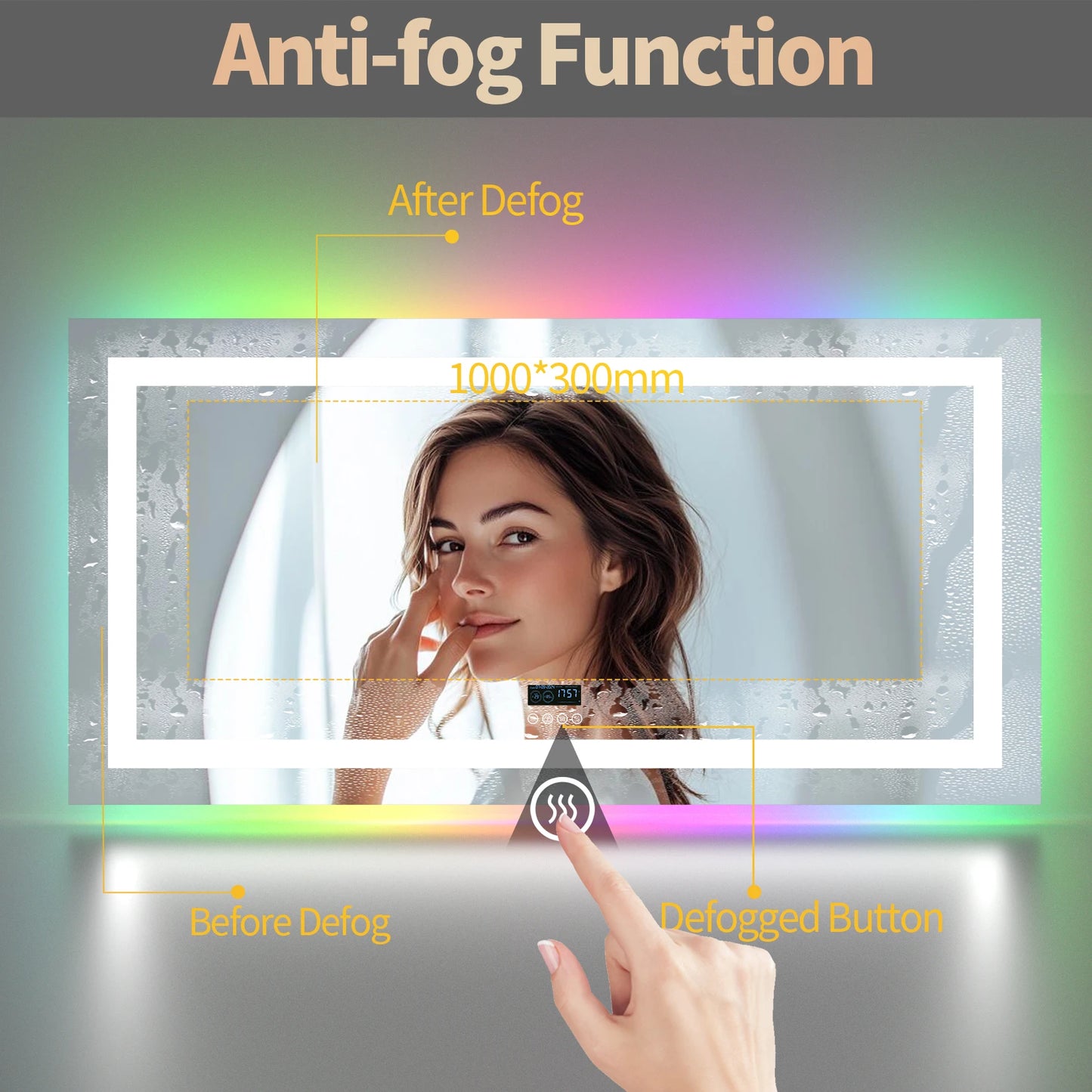 LED Wall Mirror w Bluetooth Dimmable 3 Colors Front + RGB Backlit, Anti-fog, Memory Function, Time Temperature