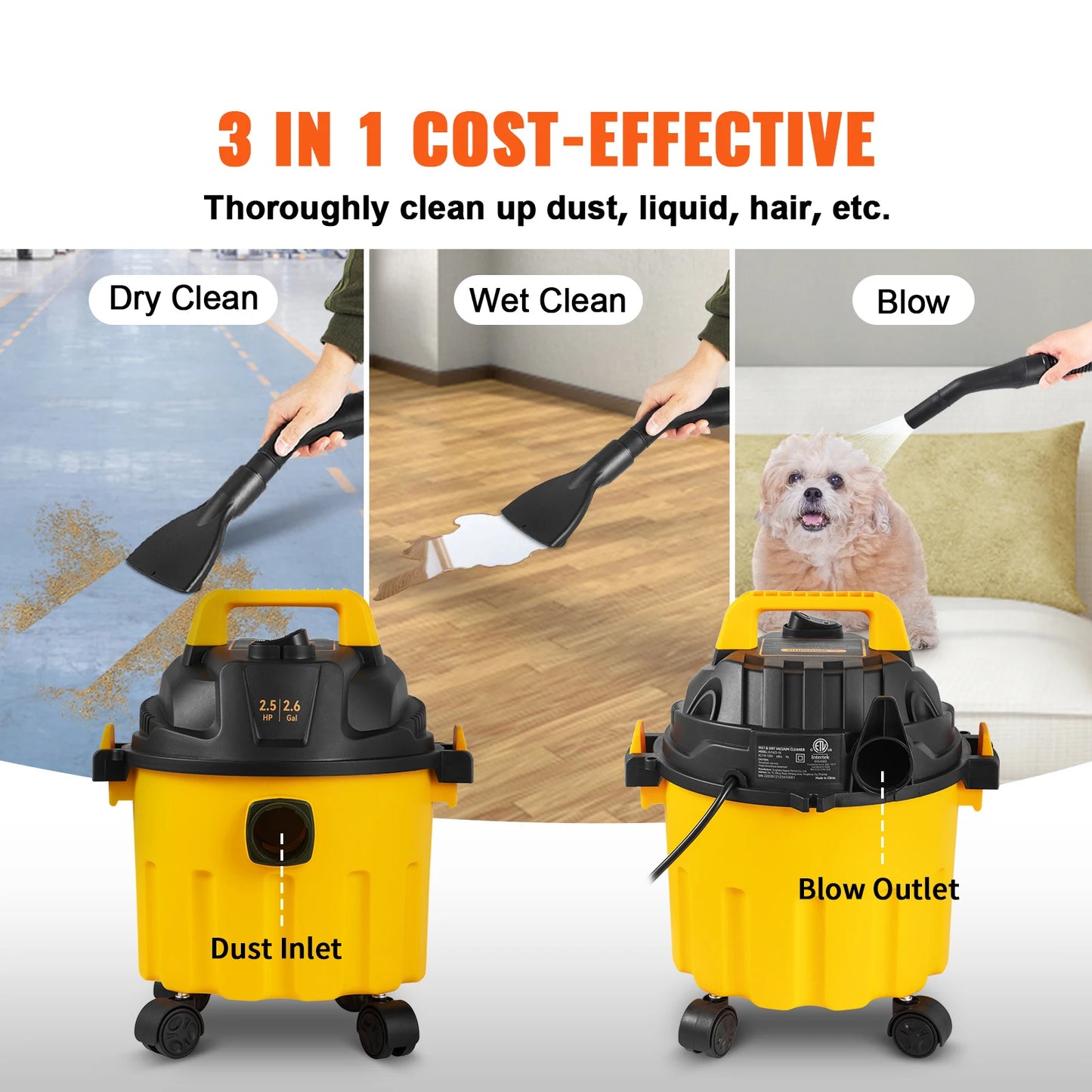 Wet Dry Vac Shop Vacuum-2.6 Gallon 2.5 HP- 3 in 1 Portable