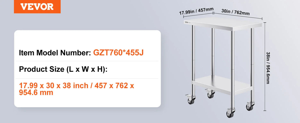 Stainless Steel Work Prep Table w/4 Wheels 3 Adjustable Height