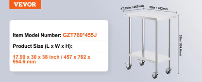Stainless Steel Work Prep Table w/4 Wheels 3 Adjustable Height