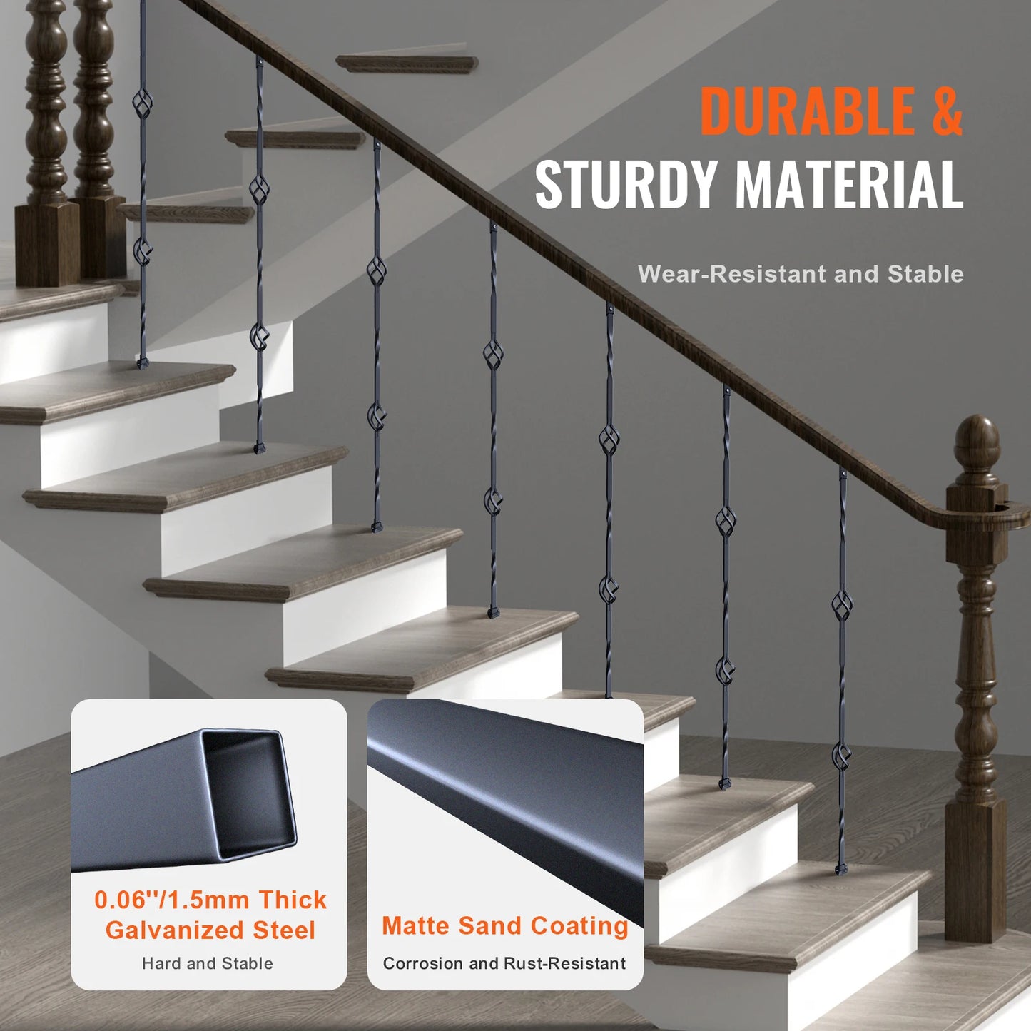 Staircase Metal Balusters- Galvanized Banister Spindles w/ Hollow Baskets Spiral