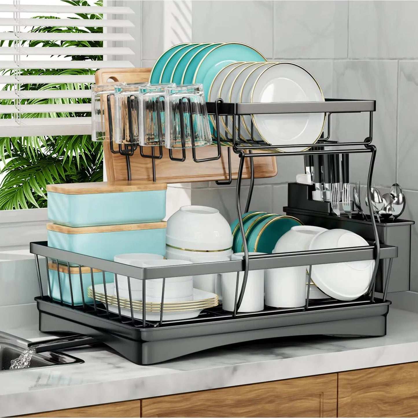 Large 2-tier dish drying rack, removable dish draining rack