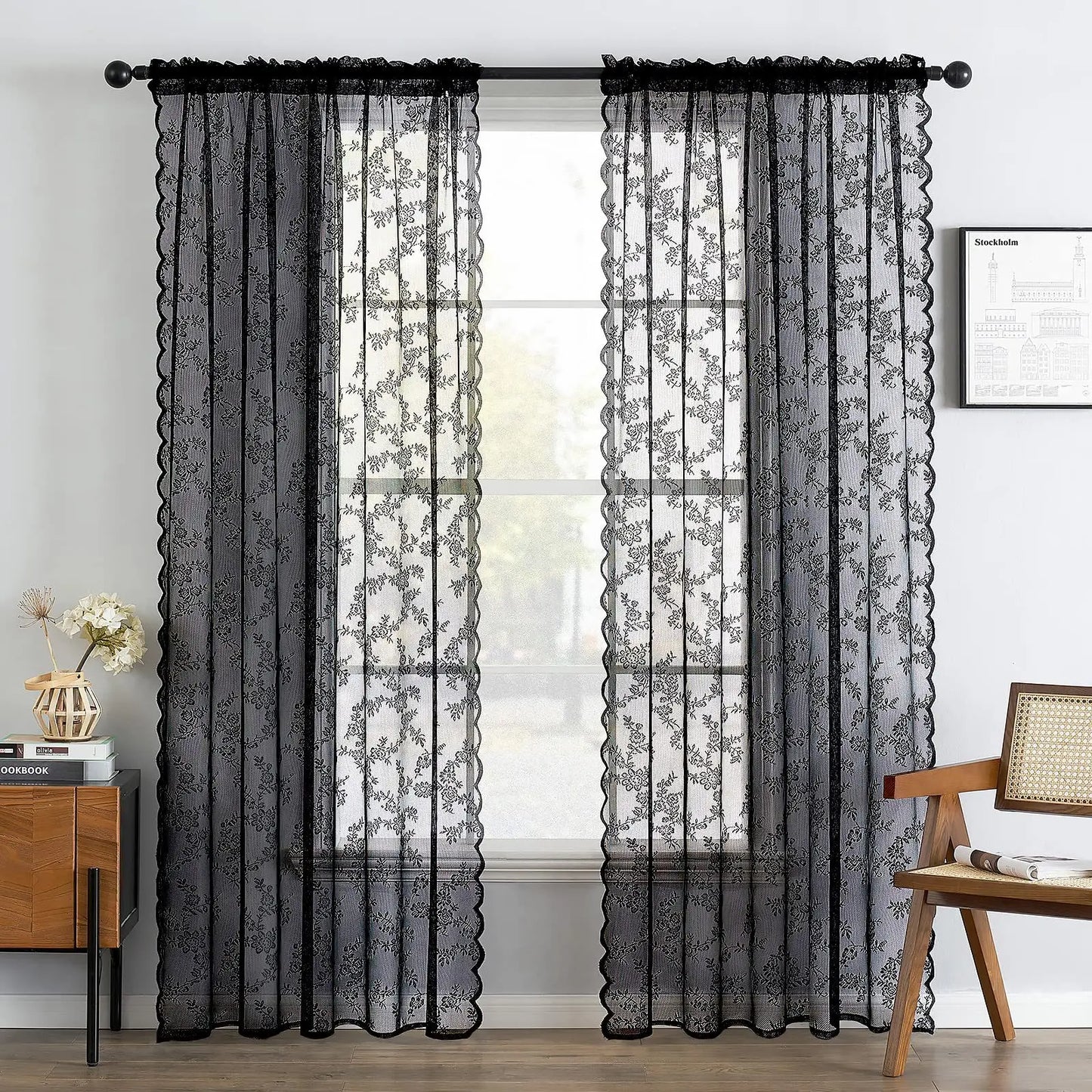 2pcs elegant solid-color curtains with wave lace trim. Holiday home decor.