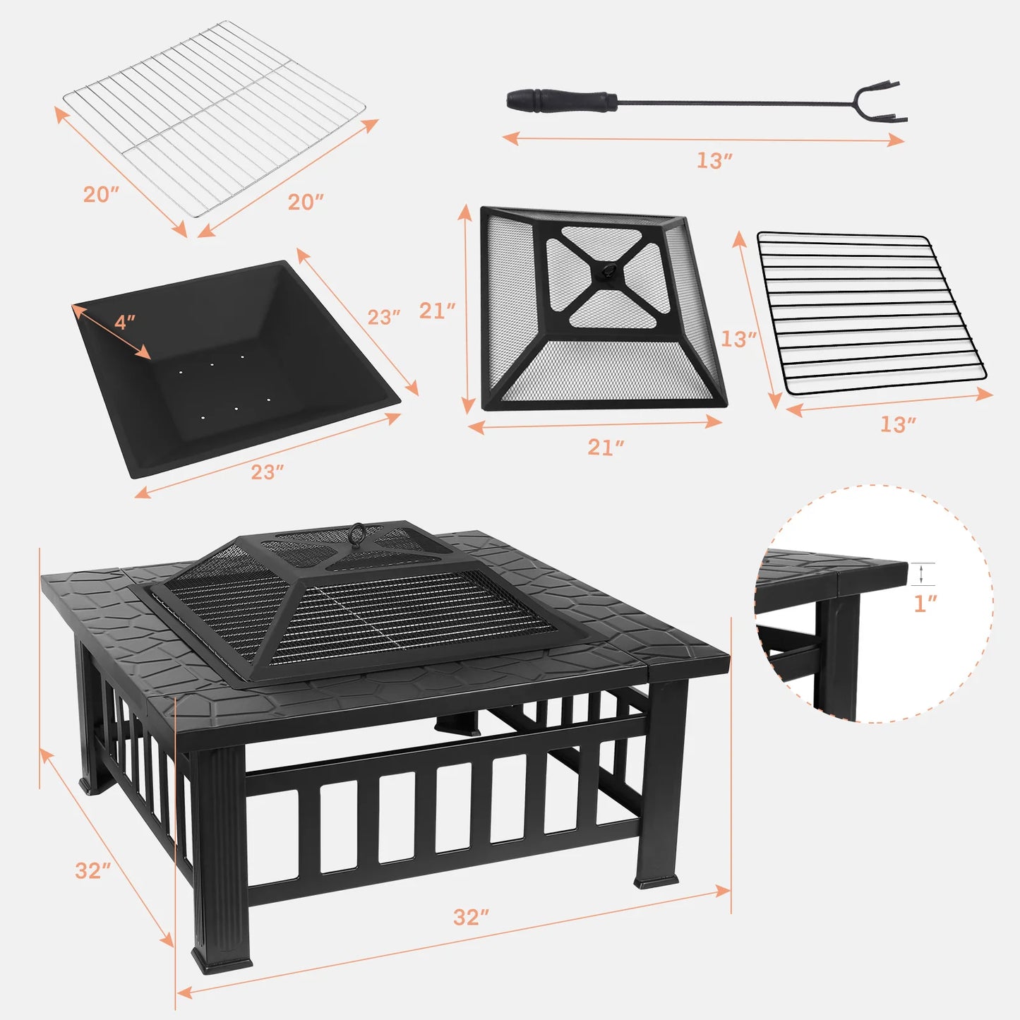 Steel Fire Pits for Outside, 32'' Square Wood Burning