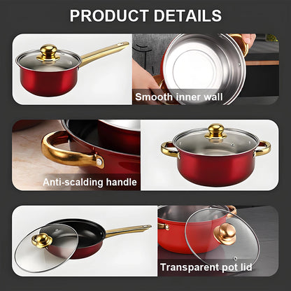 Red 12-Piece, Stainless Steel, Non-Stick, Kitchen Cookware