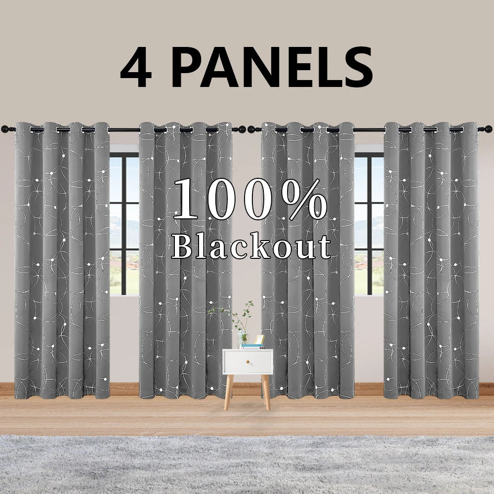 4PCS Blackout Curtains with Grommets Thermal Insulated Circle And Dots Foil Printed