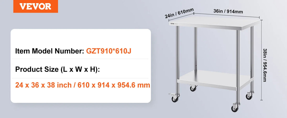 Stainless Steel Work Prep Table w/4 Wheels 3 Adjustable Height