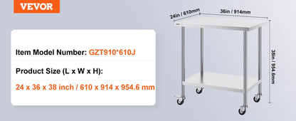 Stainless Steel Work Prep Table w/4 Wheels 3 Adjustable Height