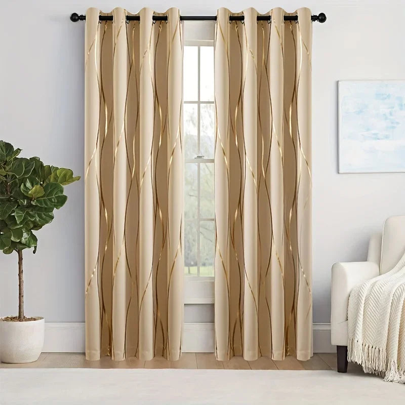 2Pcs Golden Wave &Circle Blackout Curtains Thermal Insulated, Grommet