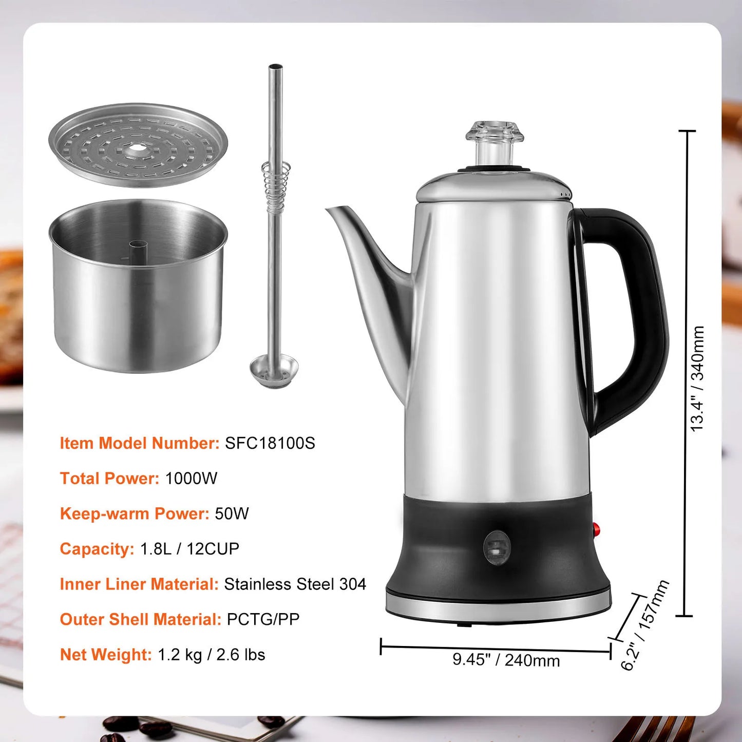 12-Cup Electric Percolator Coffee Pot w/ Keep Warm Function