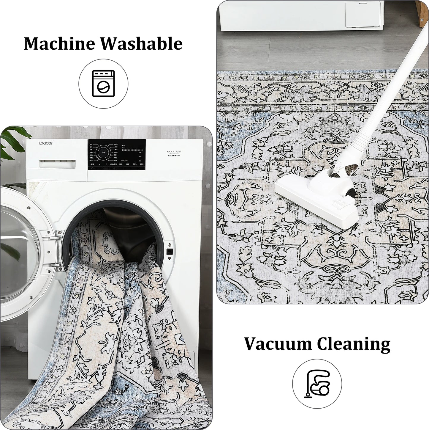 Vintage Washable Soft Area Rug Low Pile, Anti-Slip, Non-Shedding Pad