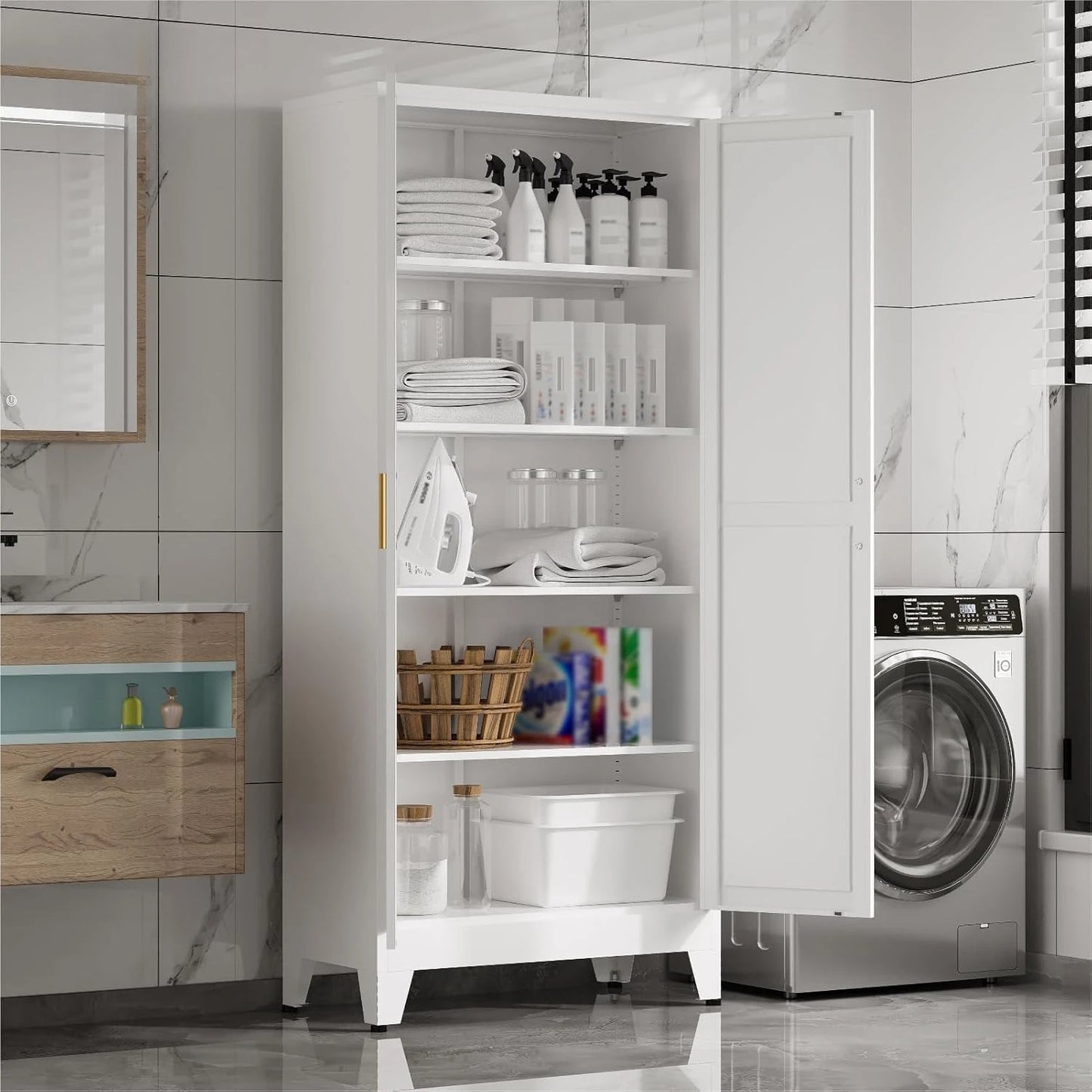 71 in Metal Storage Cabinet, 4 Adjustable Shelves and Barn Doors