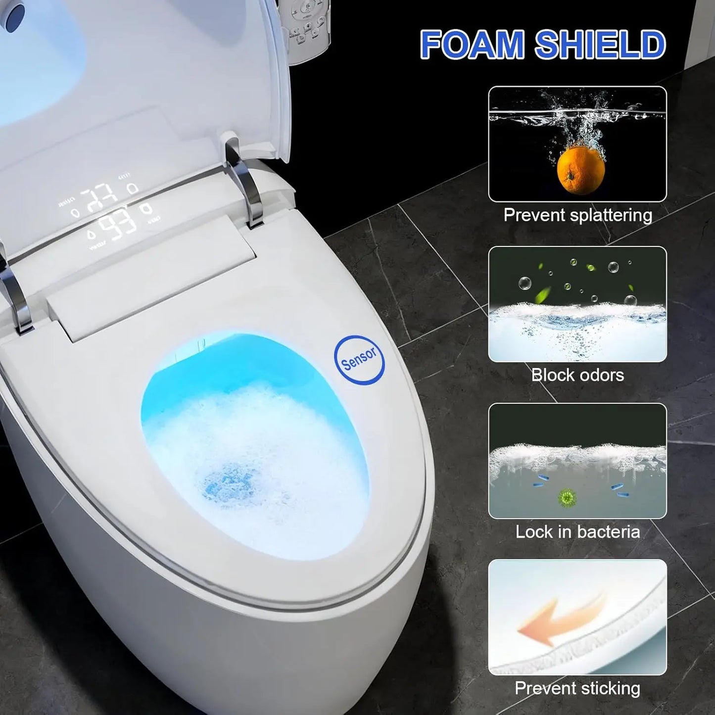 Smart Toilet with Bidet Built in, Foam Shield, Auto Open/Close Lid & Dual Flush, Instant Warm