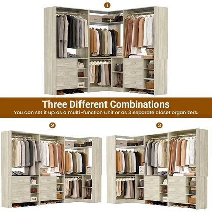 Closet System, 6 Drawers, 4 Hanging Rods & L-Shaped