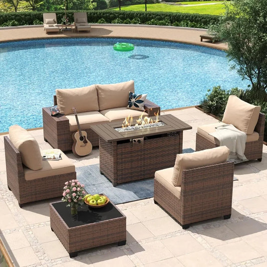 7 Piece Patio Furniture Set with Wide Armrests & 44” Fire Pit Table