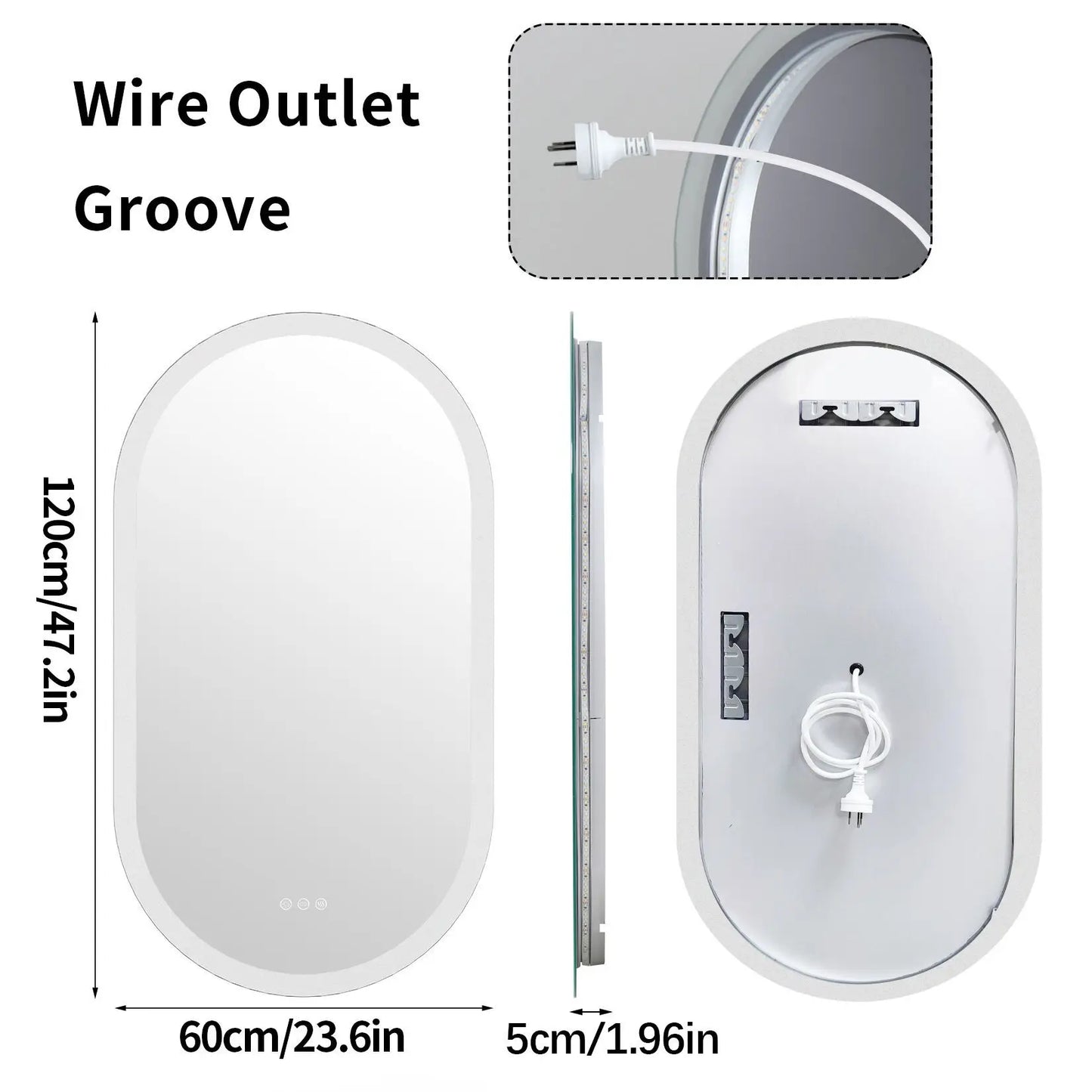 Dimmable 3 Colors Light Smart Anti Fog Oval LED Bathroom Mirror Plug/Hardwire Install