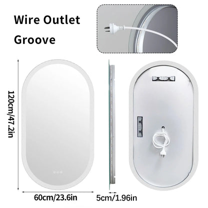 Dimmable 3 Colors Light Smart Anti Fog Oval LED Bathroom Mirror Plug/Hardwire Install