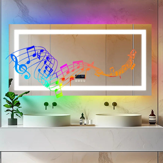 LED Wall Mirror w Bluetooth Dimmable 3 Colors Front + RGB Backlit, Anti-fog, Memory Function, Time Temperature
