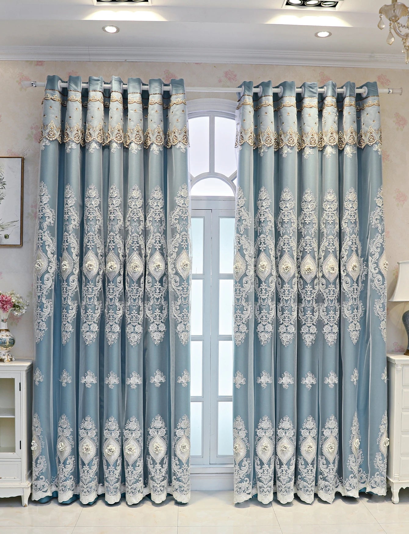 Luxury Vintage-Style Embroidered Curtain 3D Relief Dual-Layer Design for Privacy