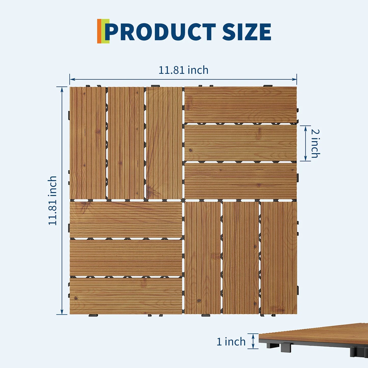 Acacia Wood Connected Deck Tiles for Patio & Outdoor 12"x12" Weatherproof Non-Slip