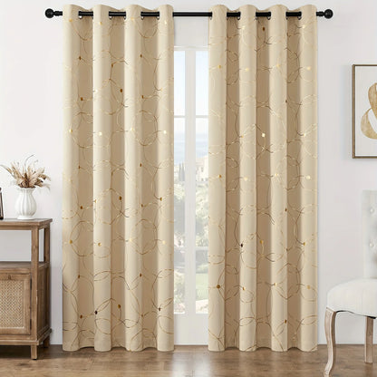 2Pcs Golden Wave &Circle Blackout Curtains Thermal Insulated, Grommet