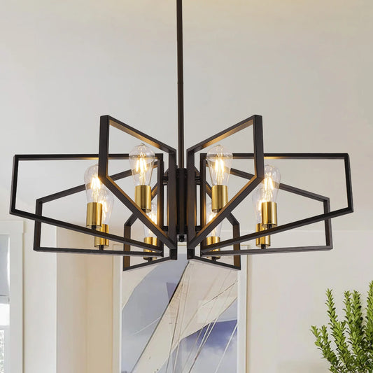8-Light Geometric Chandelier Adjustable Height, Black Frame & Golden Accents