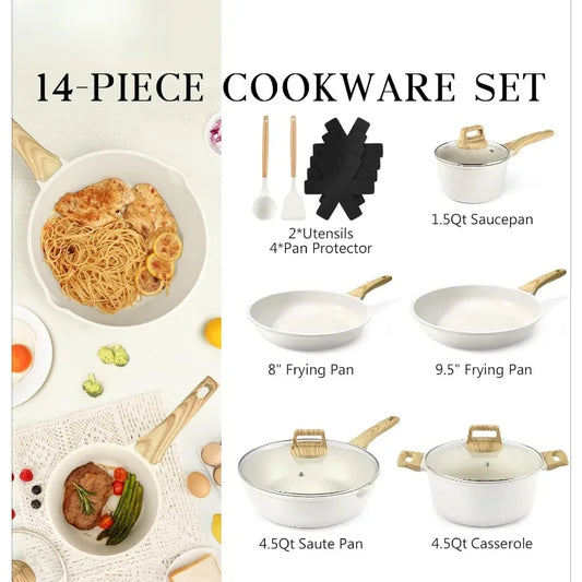14 Pcs White Granite Kitchen Cookware Sets Nonstick Induction