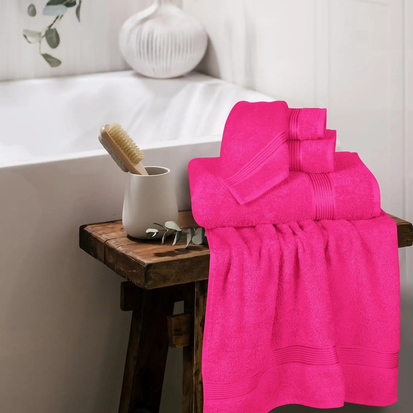 Ultra Soft 6 Pack Cotton Towel Set: 2 Bath, 2 Hand, 2 Wash Cloths - Hot Pink, Compact & Lightweight