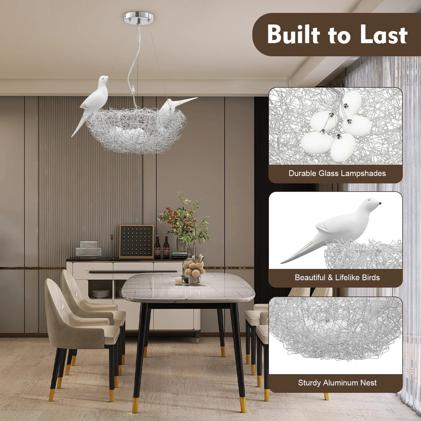 Modern Bird Nest Chandelier 5-Light, Adjustable Height Dimmable