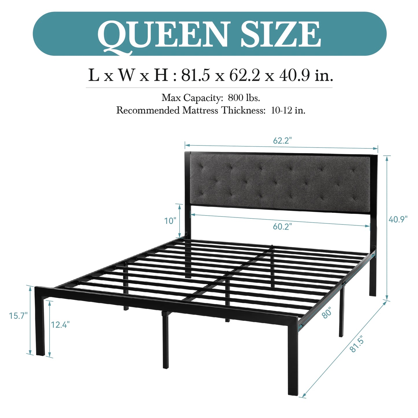 Metal Bed Frame with Upholstered Finely Stitched Headboard, No Box Spring Needed