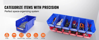 Stackable Plastic Garage Tool Storage Box Organizer Bin for Garage- 12pcs 5x5x10in Blue/Red
