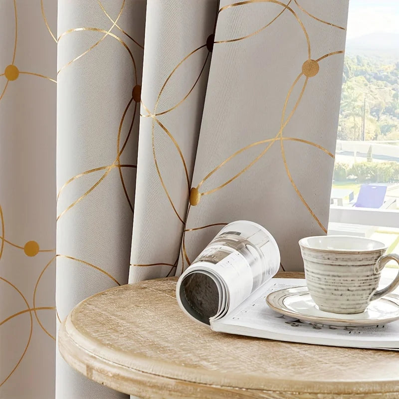 2Pcs Golden Wave &Circle Blackout Curtains Thermal Insulated, Grommet