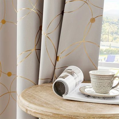 2Pcs Golden Wave &Circle Blackout Curtains Thermal Insulated, Grommet