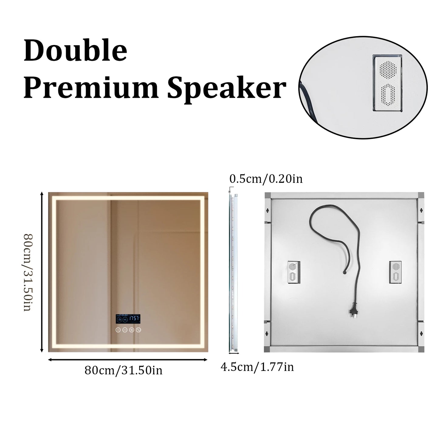 LED Square Bathroom Mirror w Bluetooth Time Temperature Display 3 Colors Front & Backlit Anti-fog w Memory