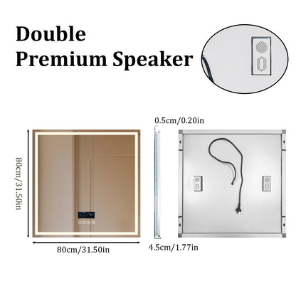 LED Square Bathroom Mirror w Bluetooth Time Temperature Display 3 Colors Front & Backlit Anti-fog w Memory