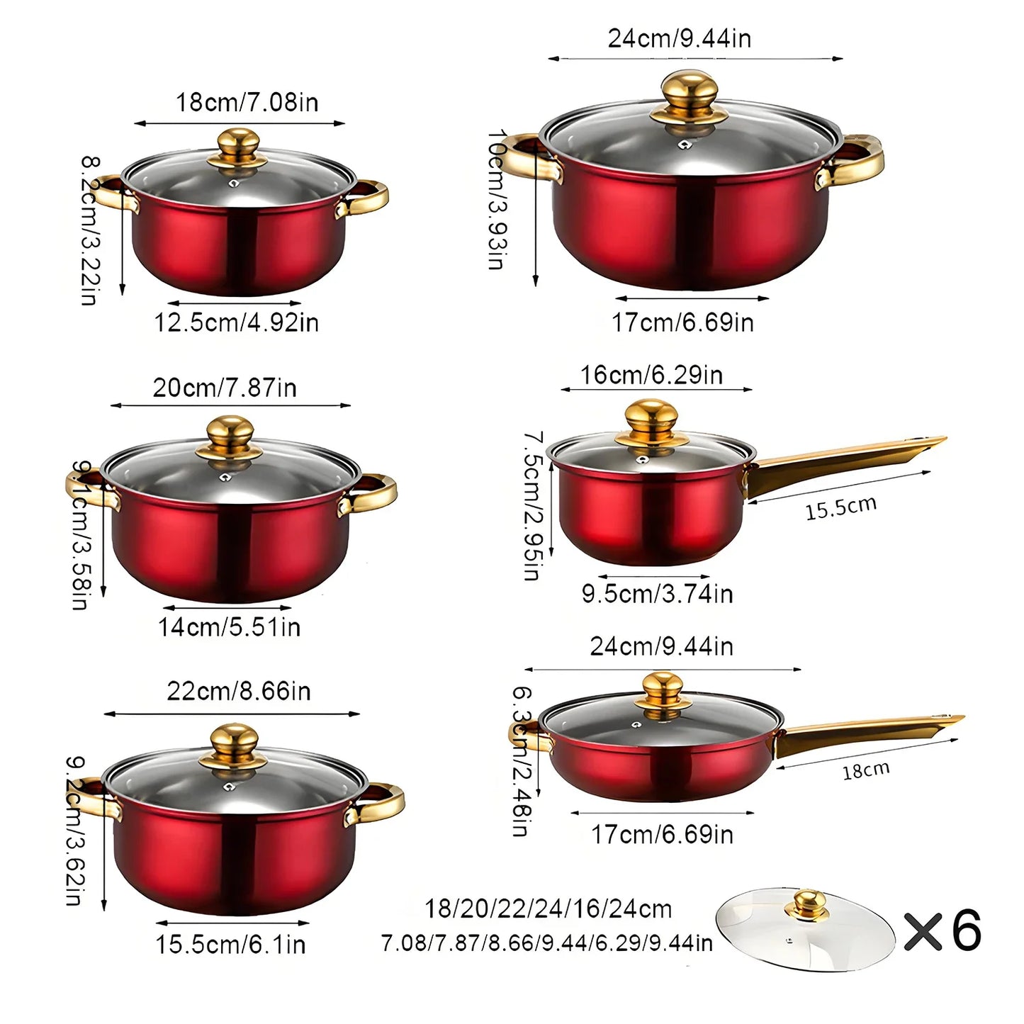 Red 12-Piece, Stainless Steel, Non-Stick, Kitchen Cookware