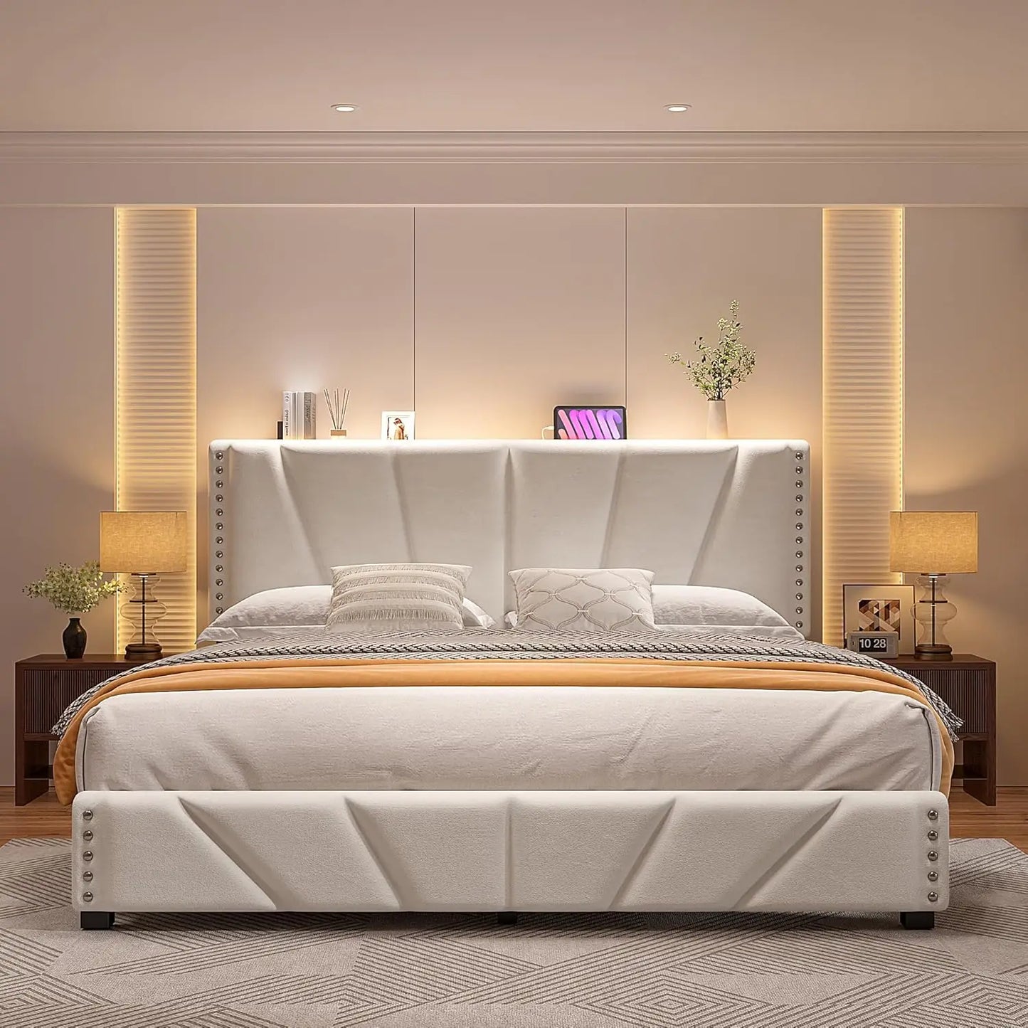 Bed Frame and Storage Velvet Headboard LED Lights and Charging Station