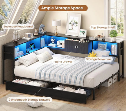 Full Corner Bed Frame w/ Storage Drawers, LED Lights, Charging Station