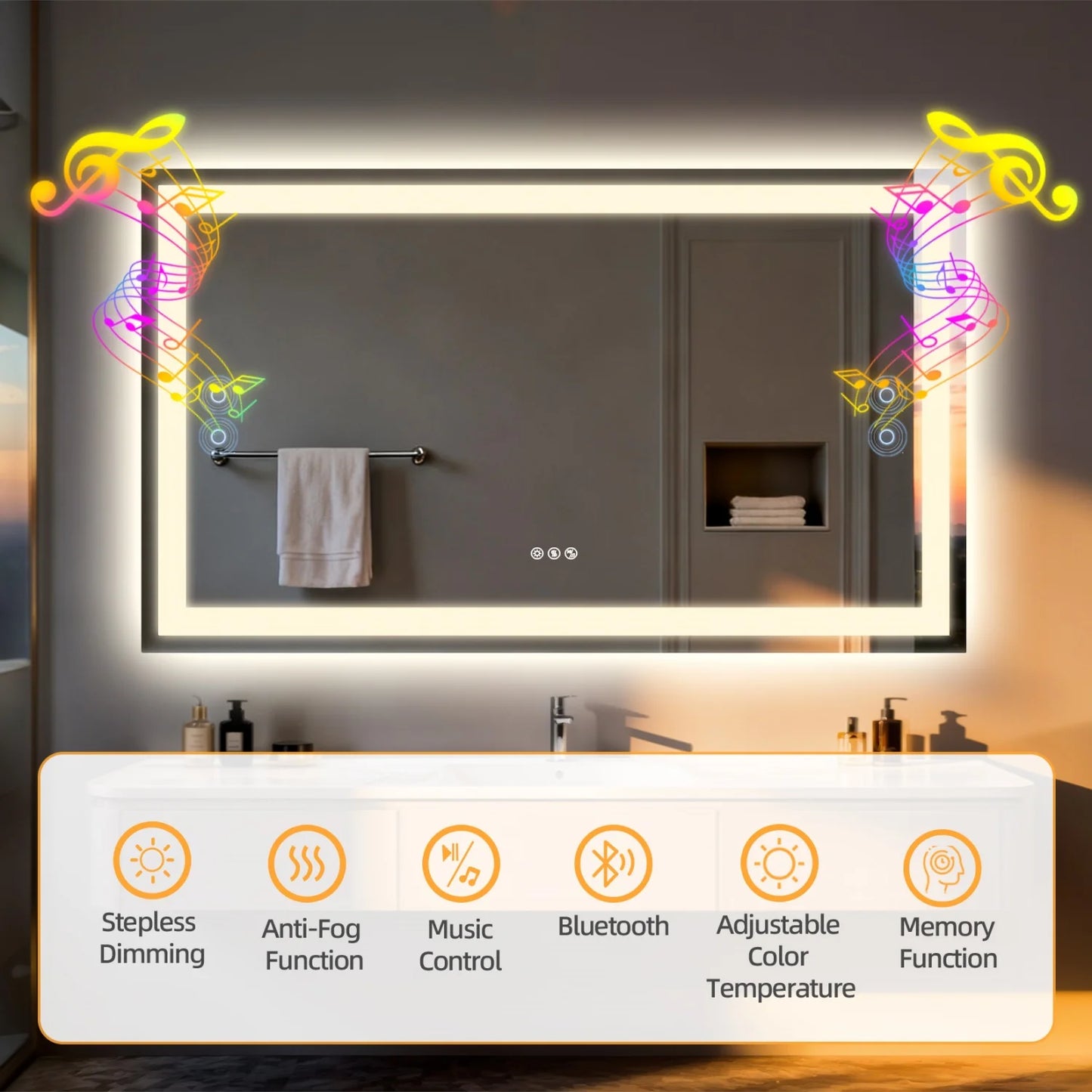 LED Bathroom Mirror with Bluetooth Speaker 3 Colors Dimmable