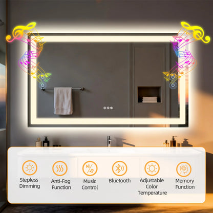LED Bathroom Mirror with Bluetooth Speaker 3 Colors Dimmable
