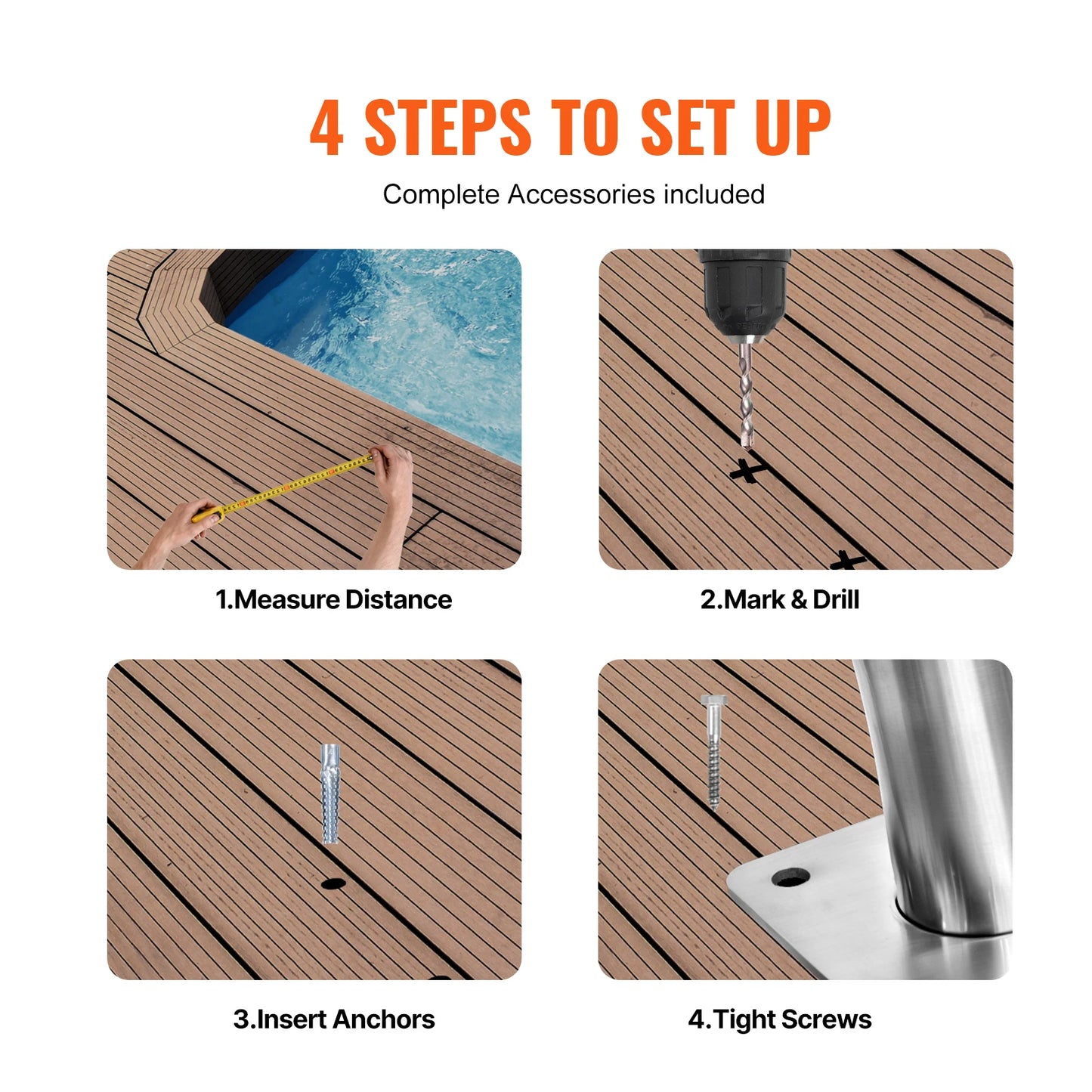 Pool Handrail w/ Grip Cover- Stainless Steel w/ Base Plate- Indoor/Outdoor