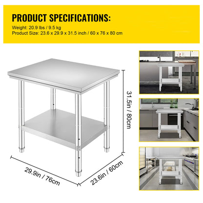 Stainless Steel Kitchen Work Bench w/Undershelf