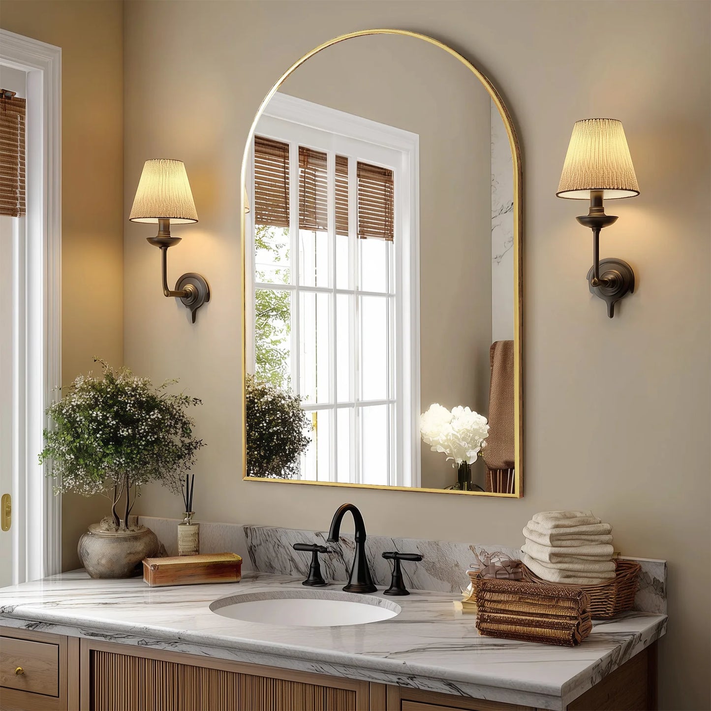 JHK 26"x38" Arched Metal Framed Wall  Hanging Mirror Glass Mirror