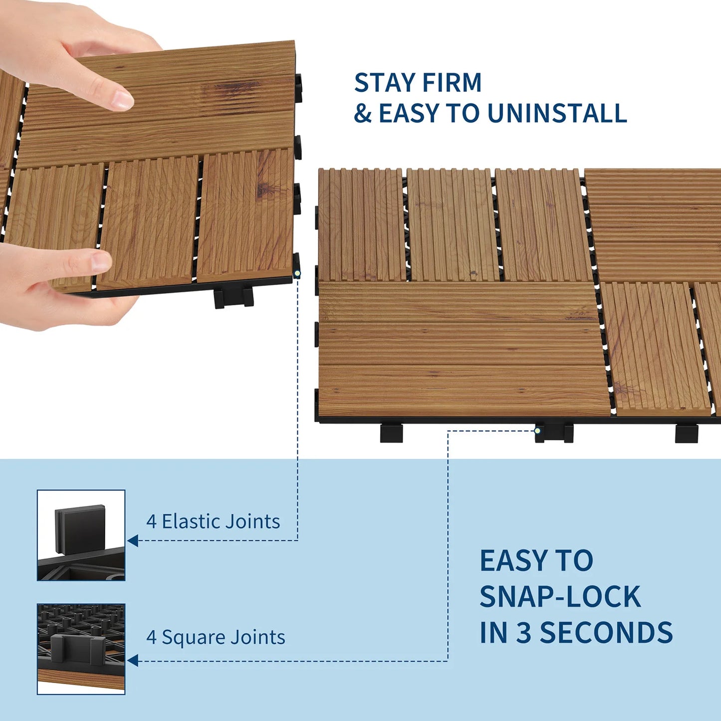 Acacia Wood Connected Deck Tiles for Patio & Outdoor 12"x12" Weatherproof Non-Slip
