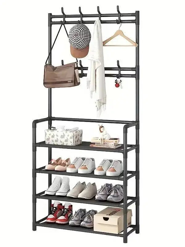 Clothes hanger and shoe rack at the entrance.