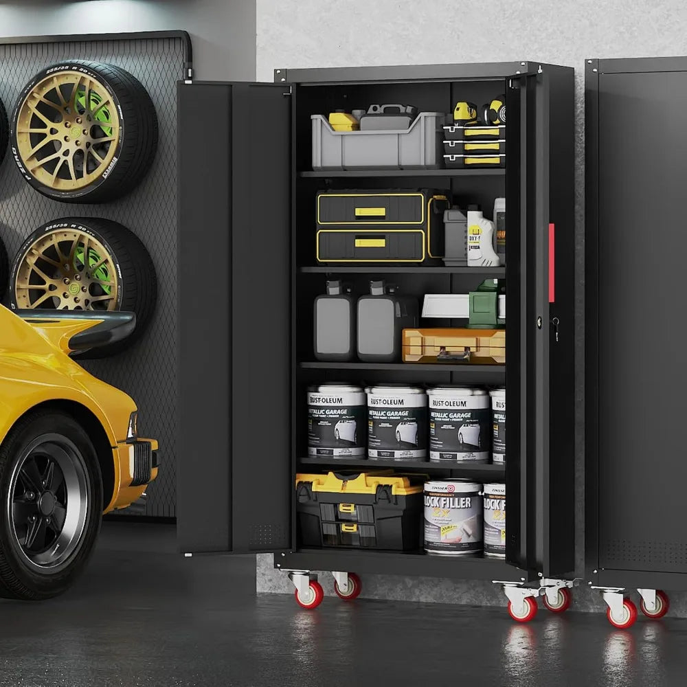71" Black Locking Metal Storage Cabinet with Wheels, Adjustable Shelves