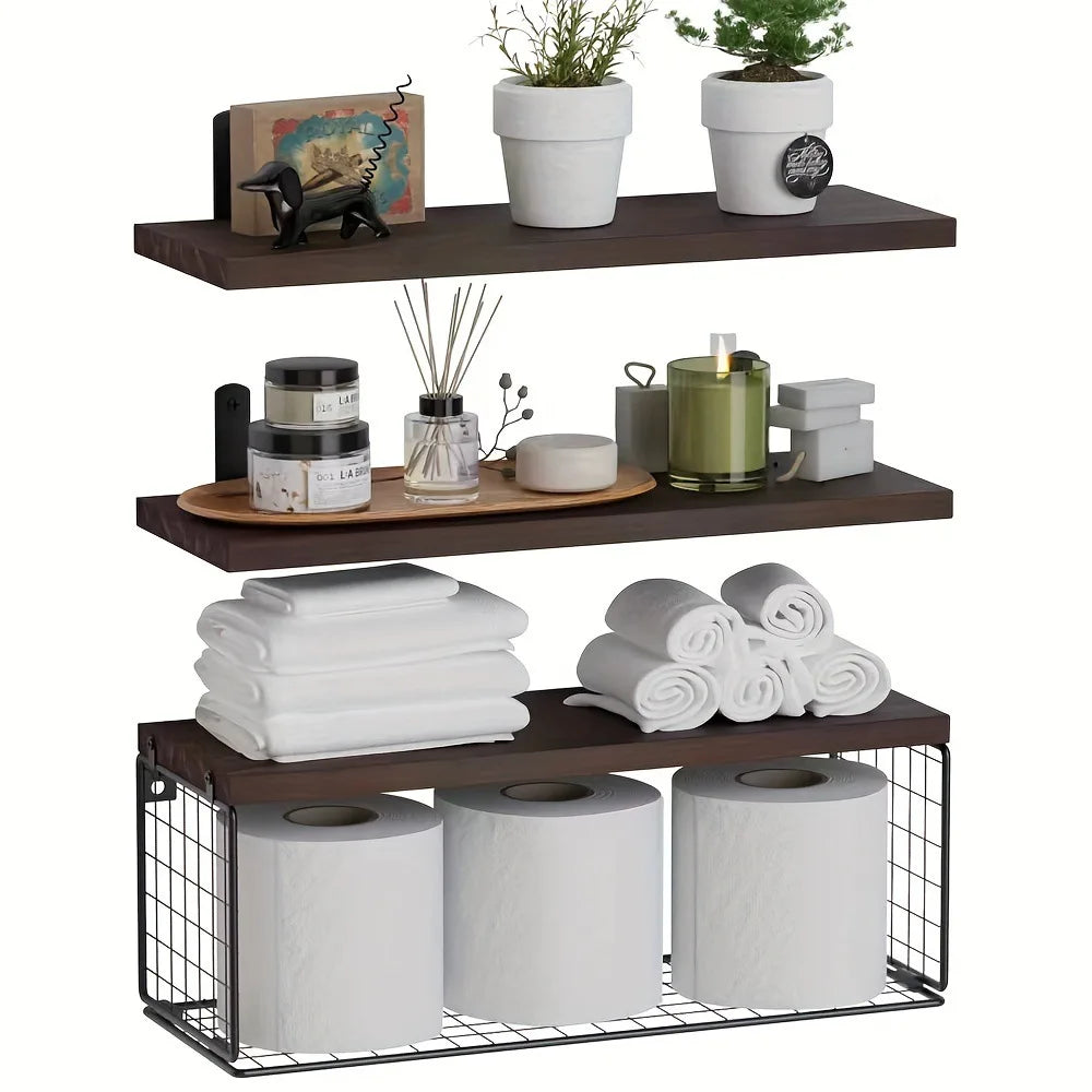 Wall Mounted Floating Shelves 3 Wood Farmhouse, Bathroom, Bedroom