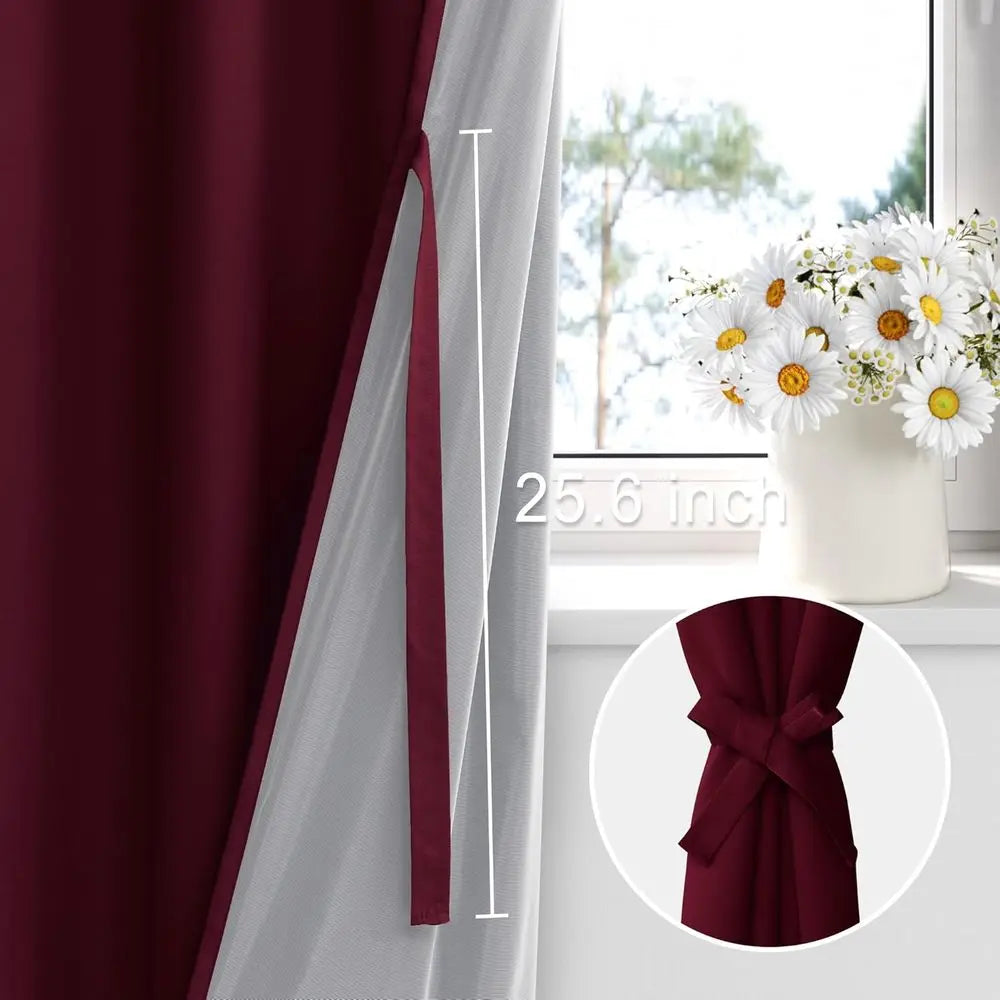 2 Thermal Insulated Blackout Curtains with Burgundy Tiebacks, W70xL84