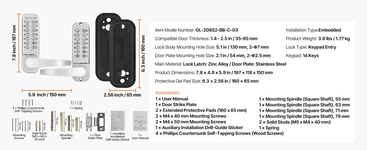 Mechanical Keyless Entry Door Lock 14 Key