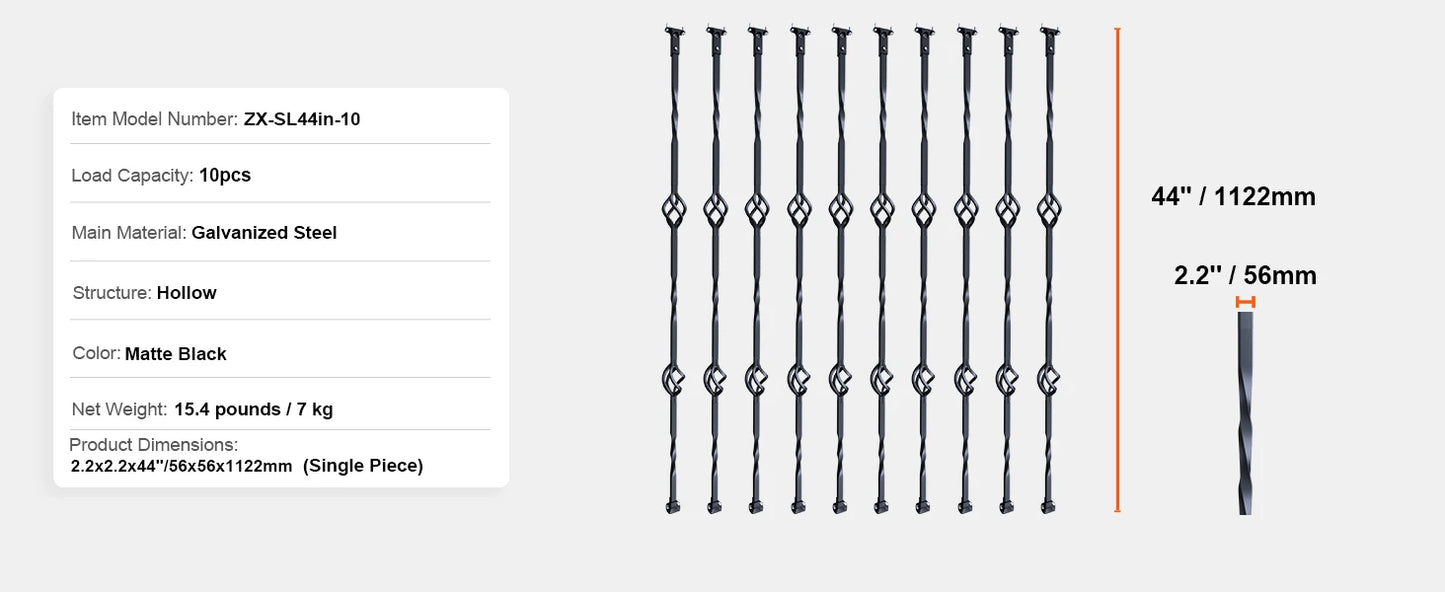Staircase Metal Balusters- Galvanized Banister Spindles w/ Hollow Baskets Spiral